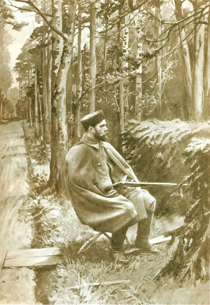 Император Николай Александрович на штанде во время охоты. Гелиогравюра с фотографии Гана. фото
